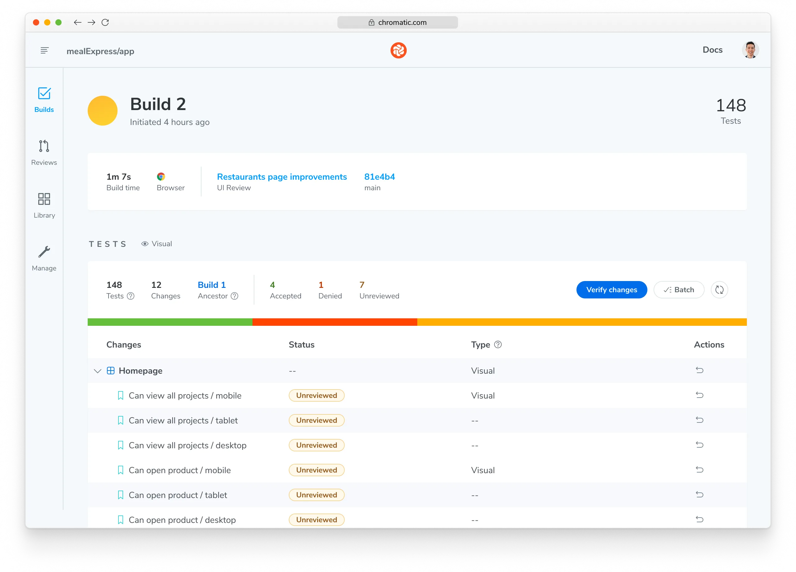 Chromatic build screen with a list of component tests that have visual changes