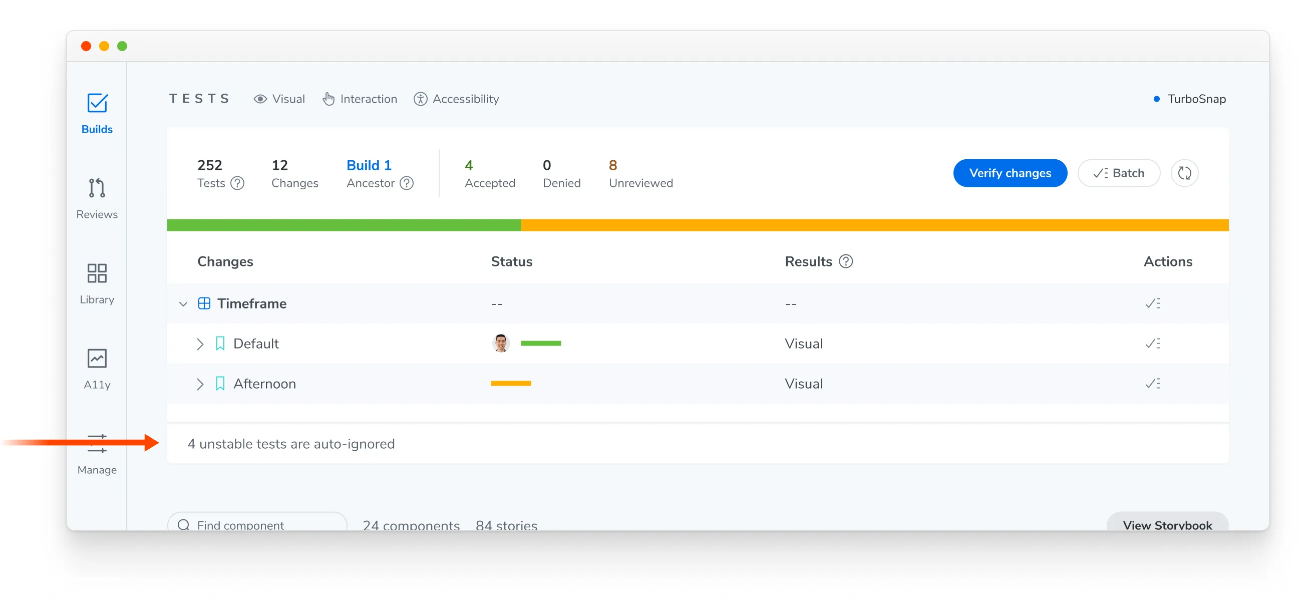 Chromatic test results page showing a list of tests with changes, and collapsed group at the bottom saying 4 unstable tests are auto-ignored.